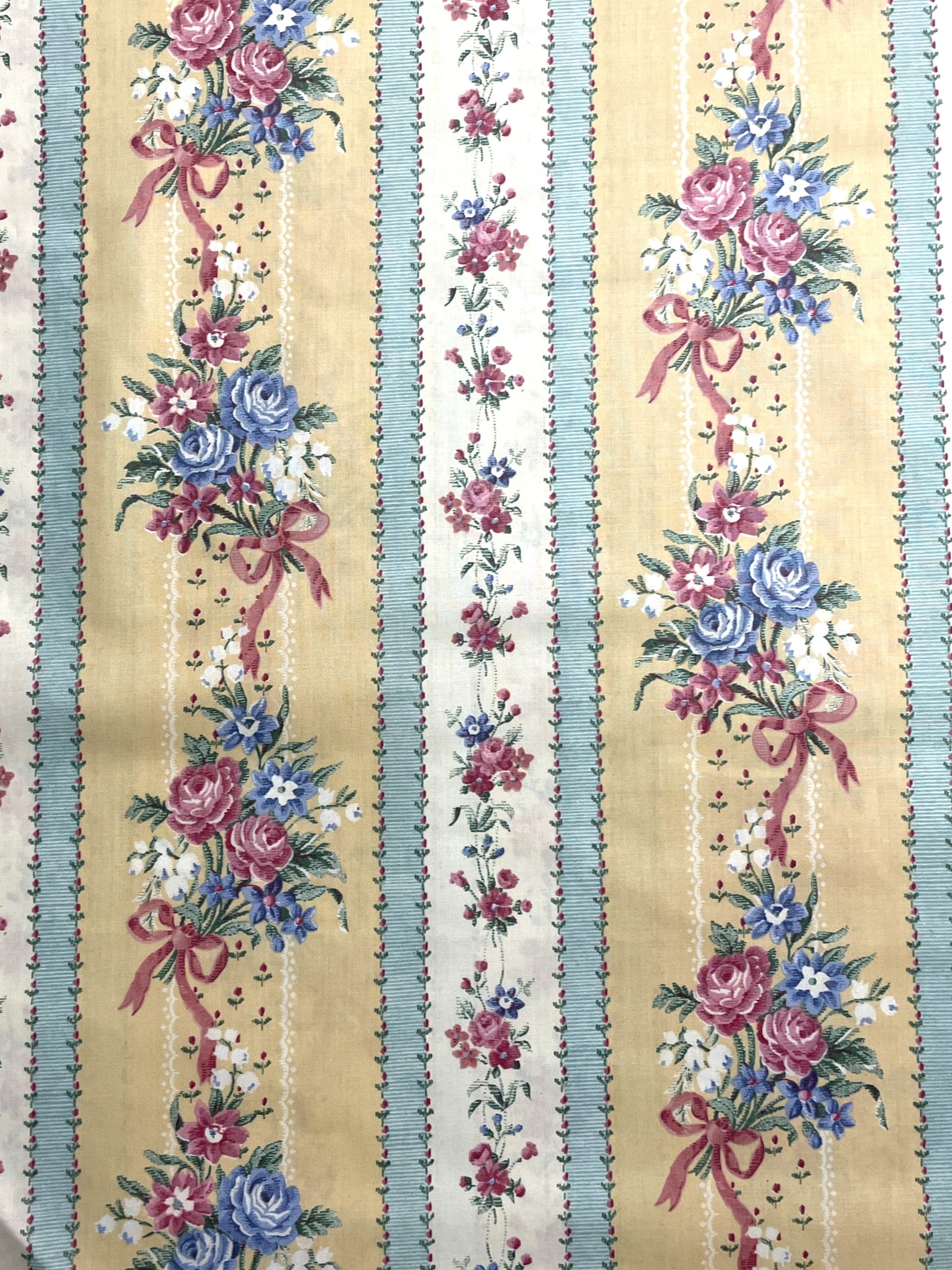 Poly/Cotton Vintage - Stripes in Blue and Yellow with Flowers
