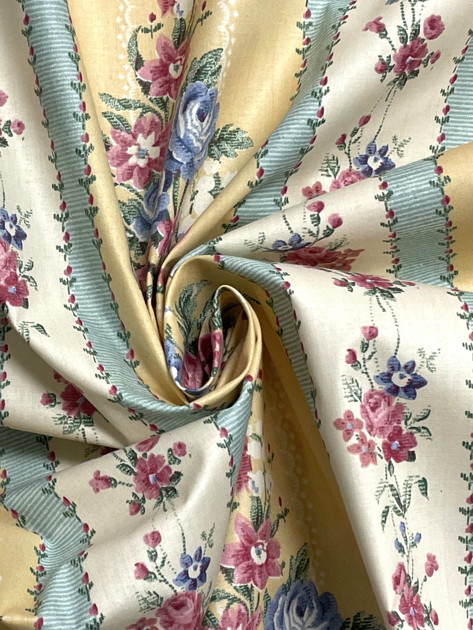 Poly/Cotton Vintage - Stripes in Blue and Yellow with Flowers