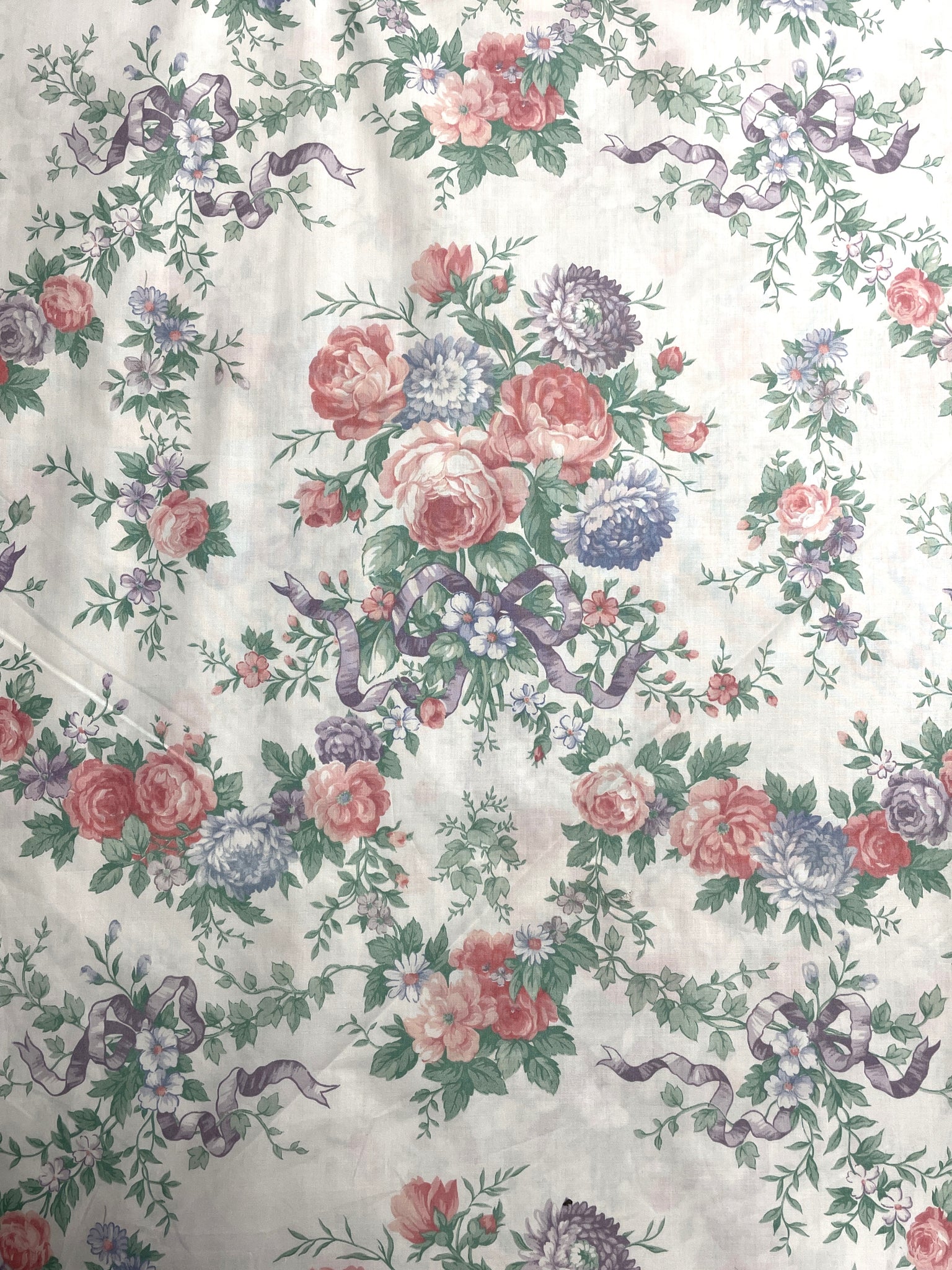 Poly/Cotton Vintage - White with Flowers in Pink, Blue and Purple with Tied in Purple Bows