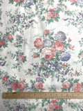 Poly/Cotton Vintage - White with Flowers in Pink, Blue and Purple with Tied in Purple Bows