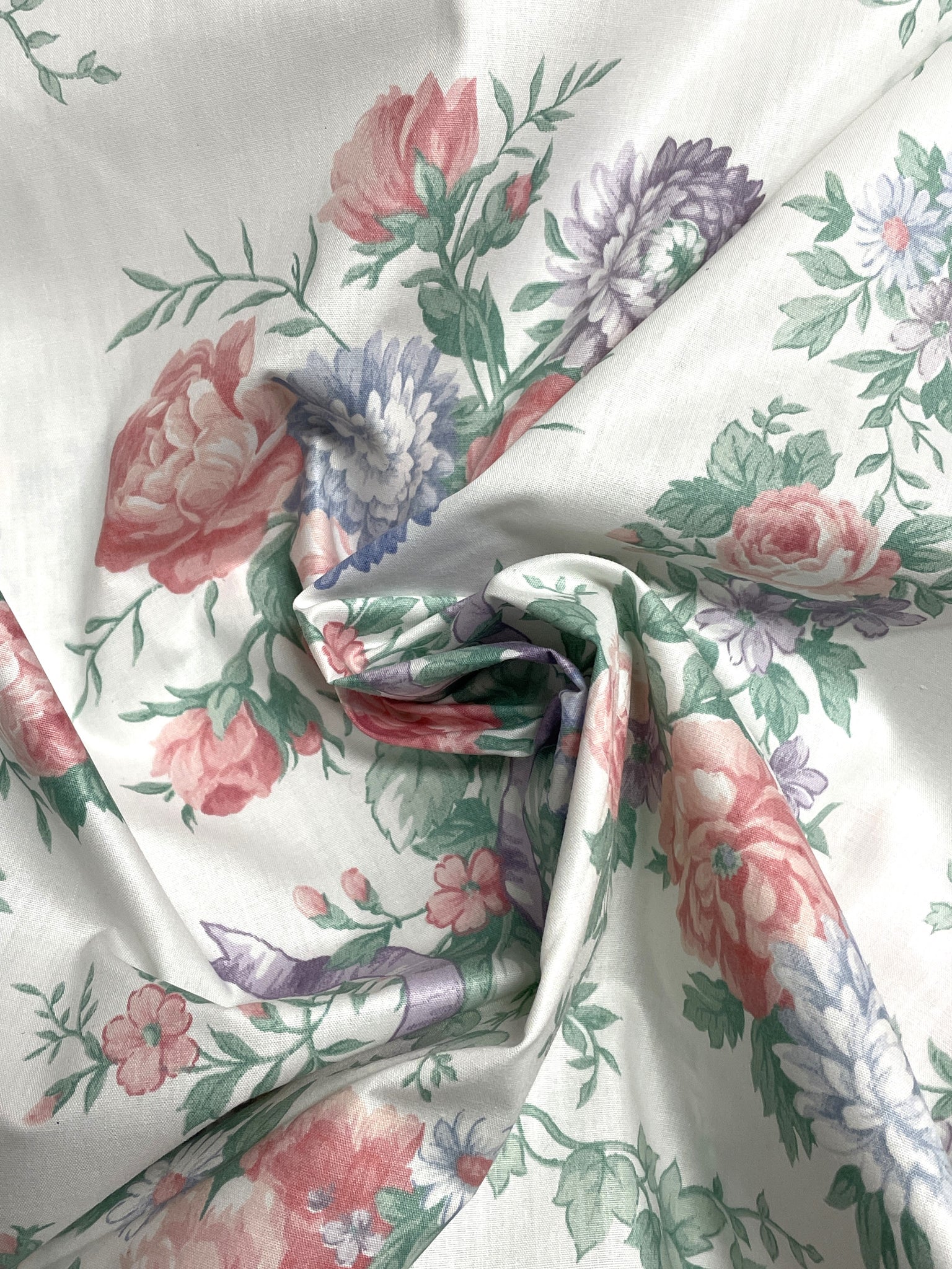 Poly/Cotton Vintage - White with Flowers in Pink, Blue and Purple with Tied in Purple Bows