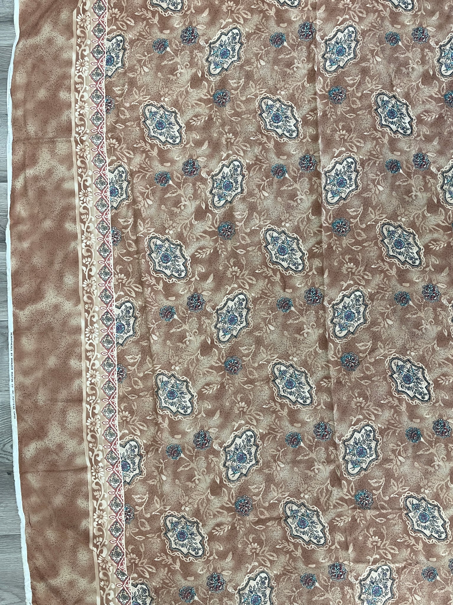 2 1/2 YD Rayon Vintage - Mottled Beige with Flowers with a Border