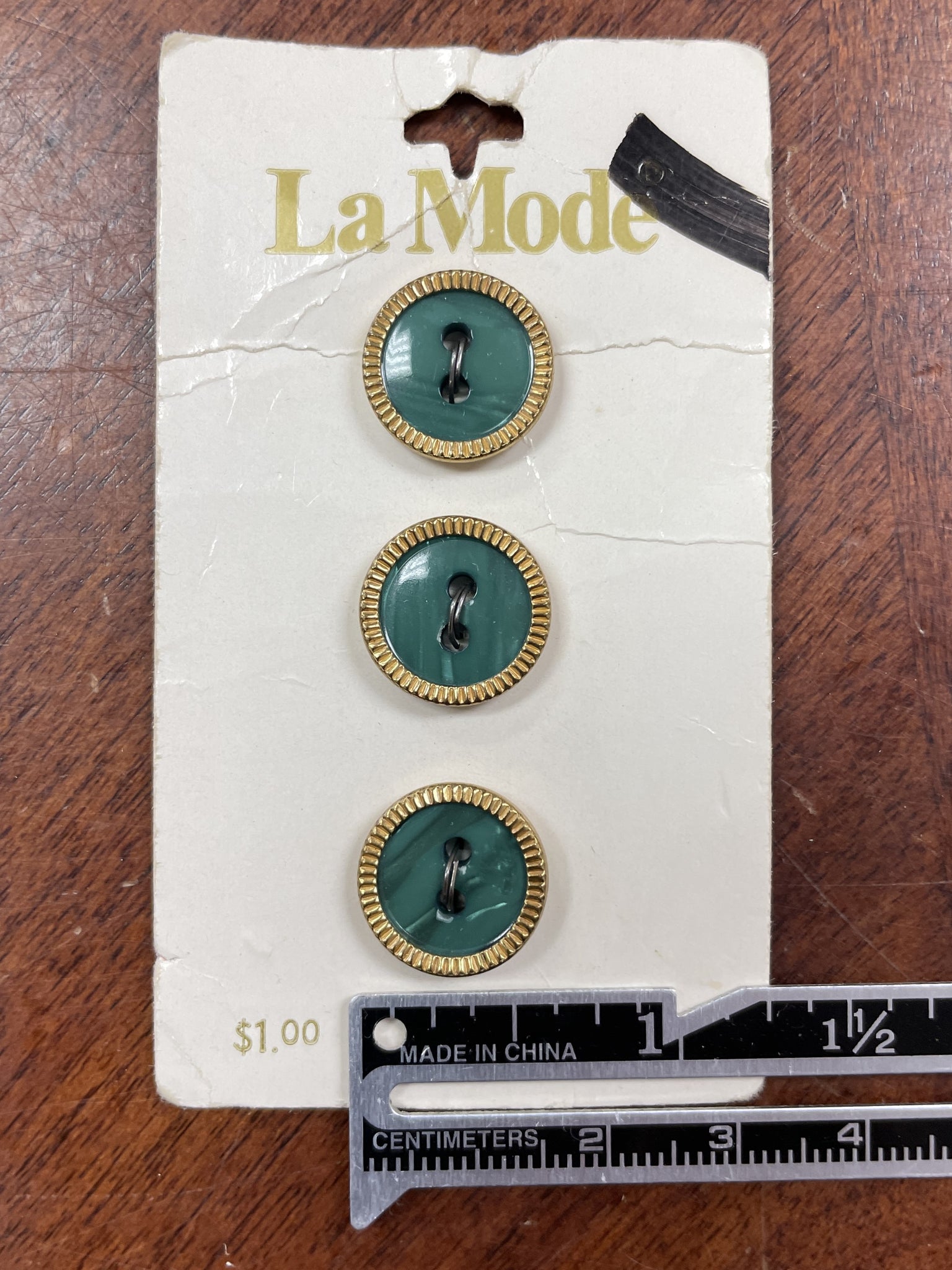 Buttons Set of 3 Vintage - Pearlescent Green in Gold-Tone Metal