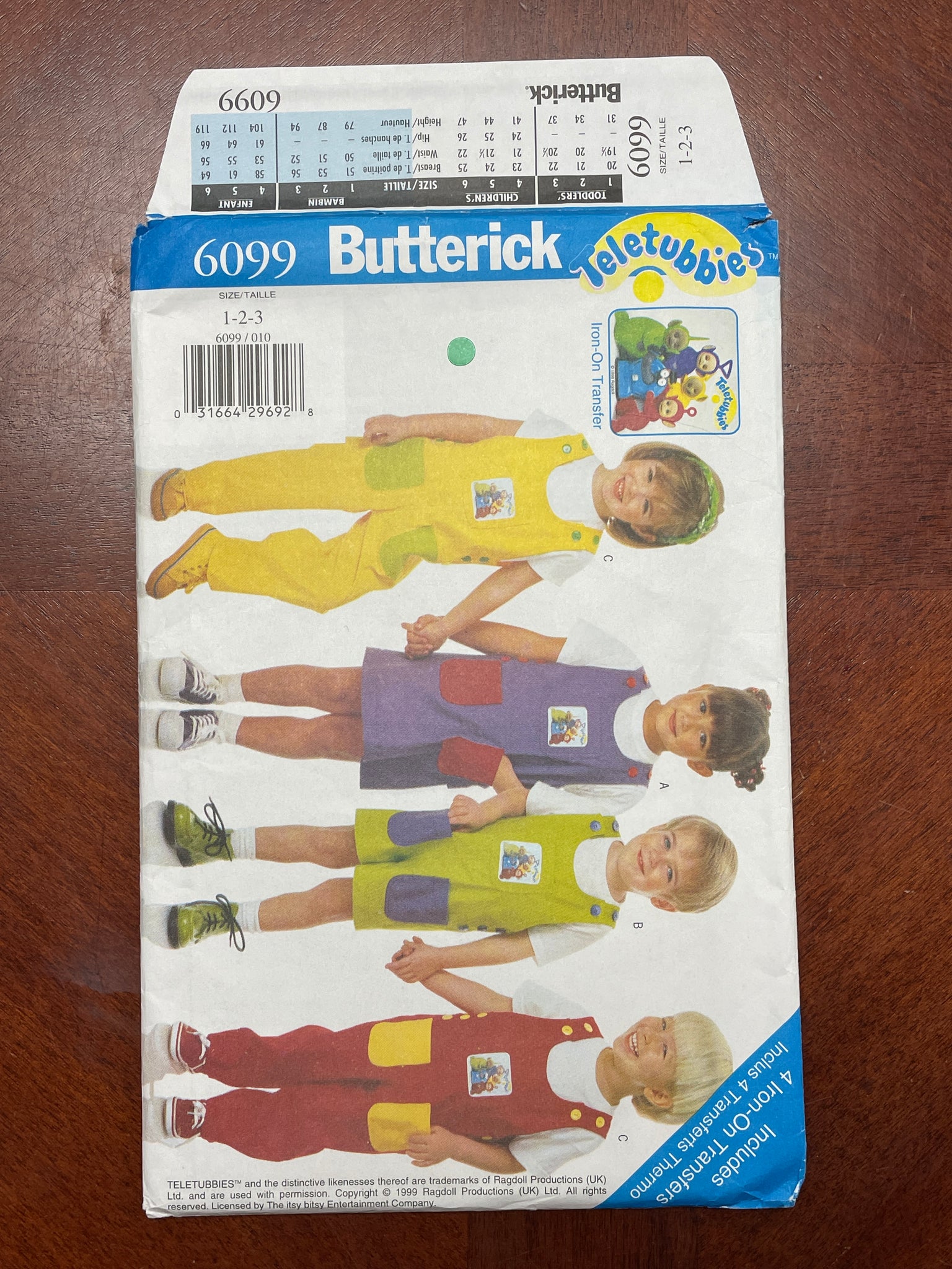 1999 Butterick 6099 Pattern - Child's Jumper, Romper, Jumpsuit and Iron-On Transfer FACTORY FOLDED