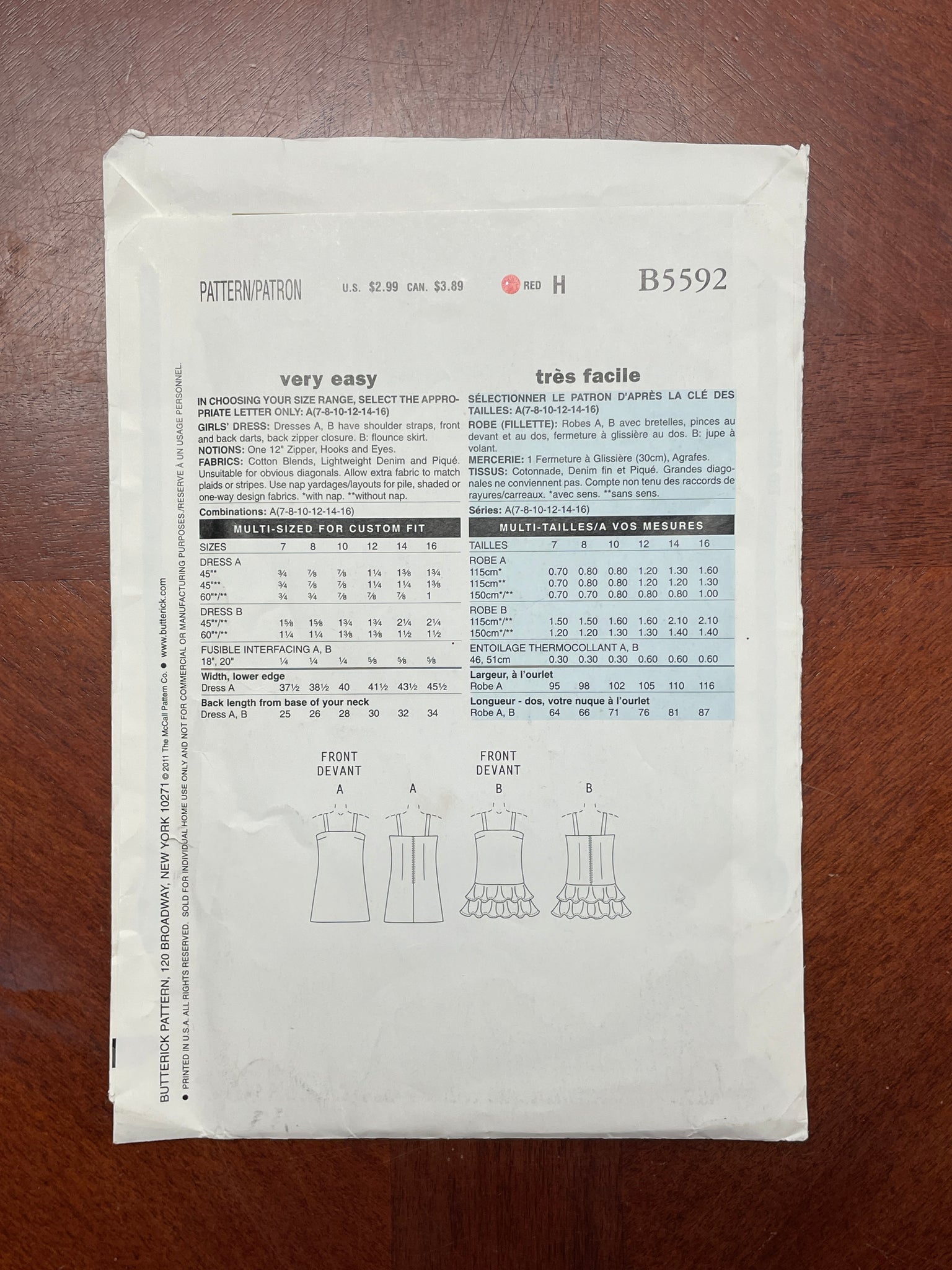 2011 See & Sew 5592 Pattern - Child's Dress FACTORY FOLDED