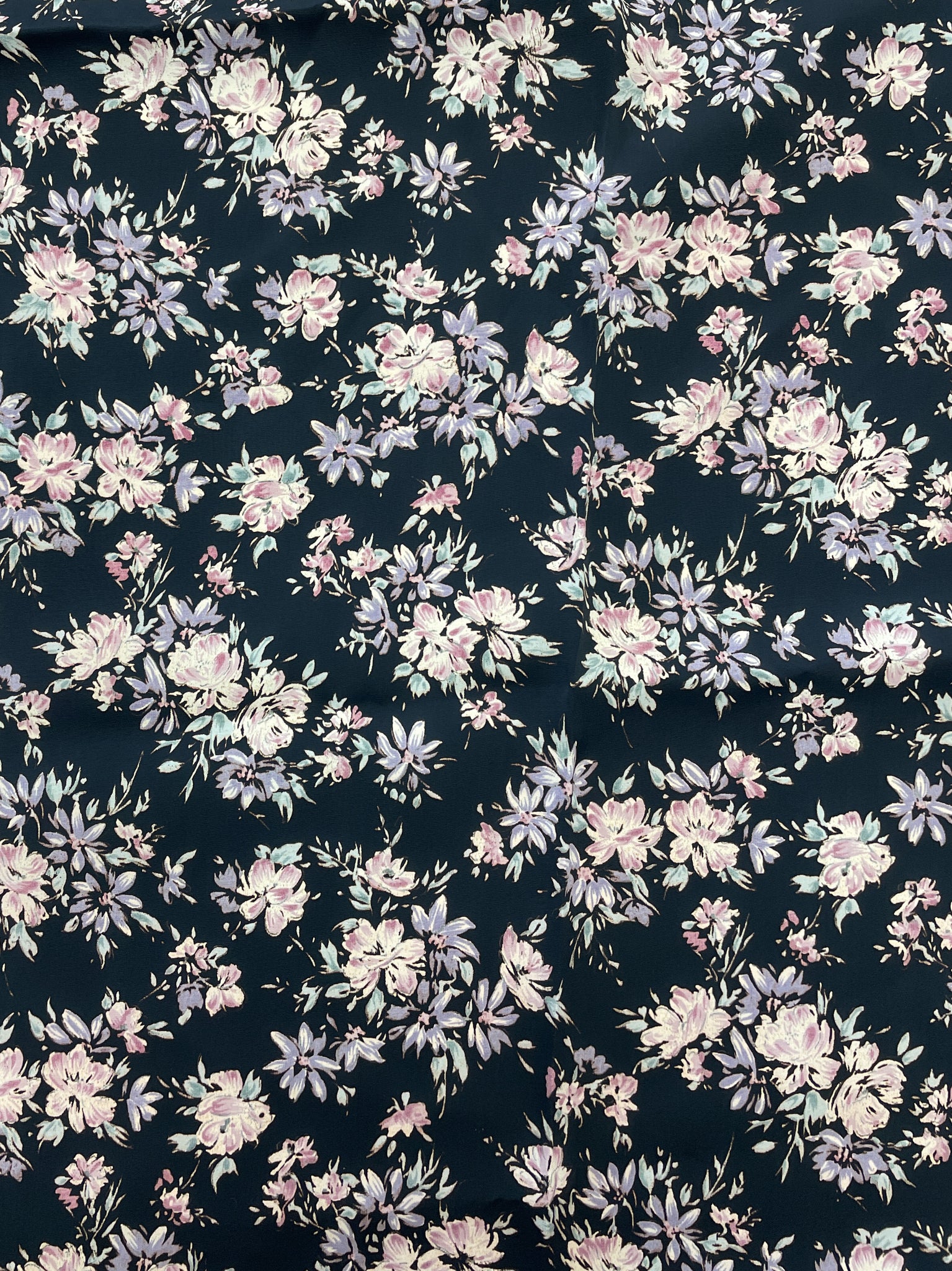 1 1/2 YD Polyester - Black with Mauve and Purple Flowers