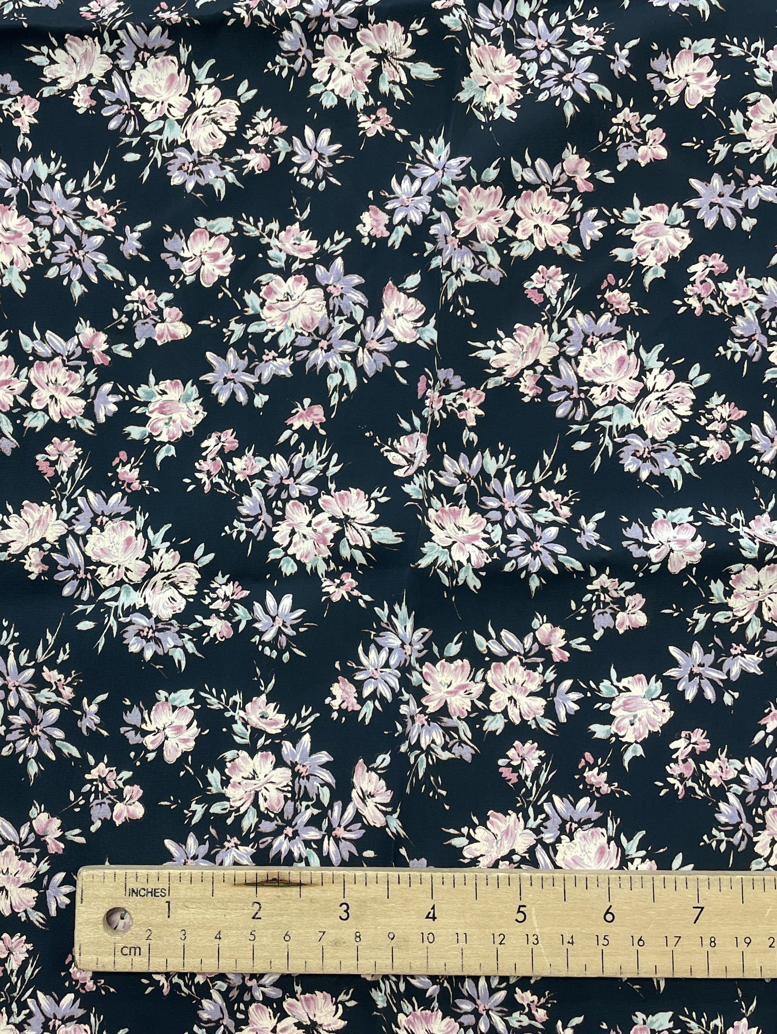 1 1/2 YD Polyester - Black with Mauve and Purple Flowers