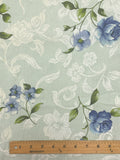 1 1/2 Cotton Blend - Light Green with Off White Filigree and Blue Flowers