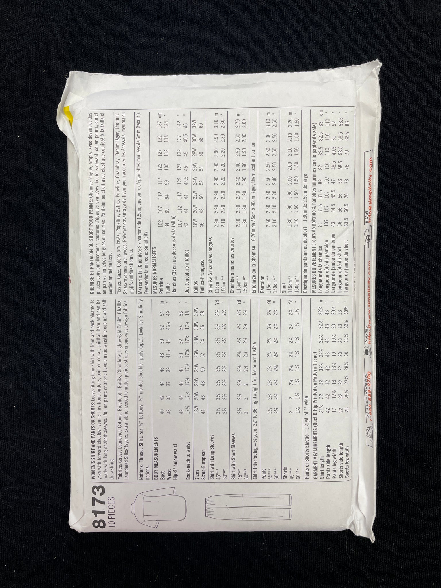 1998 Simplicity 8173 Sewing Pattern - Blouses, Pants and Shorts FACTORY FOLDED