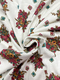 1 1/4 YD Cotton Blend Knit Vintage - Clusters of Red, Brown and Orange Flowers on Off White