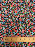2 YD Cotton Vintage - Red and Blue Flowers with Green Leaves on Black