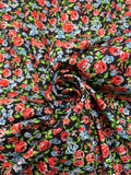 2 YD Cotton Vintage - Red and Blue Flowers with Green Leaves on Black