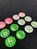 Buttons Plastic Set of 12 - White with Red or Green Designs