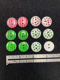Buttons Plastic Set of 12 - White with Red or Green Designs