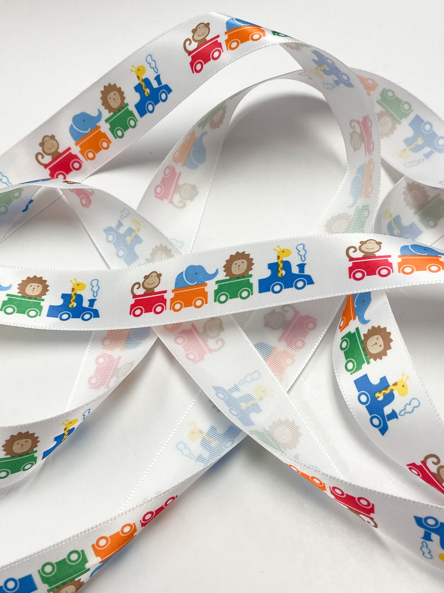 2 2/3 YD Polyester Printed Satin Ribbon - White with Animals in Train Cars