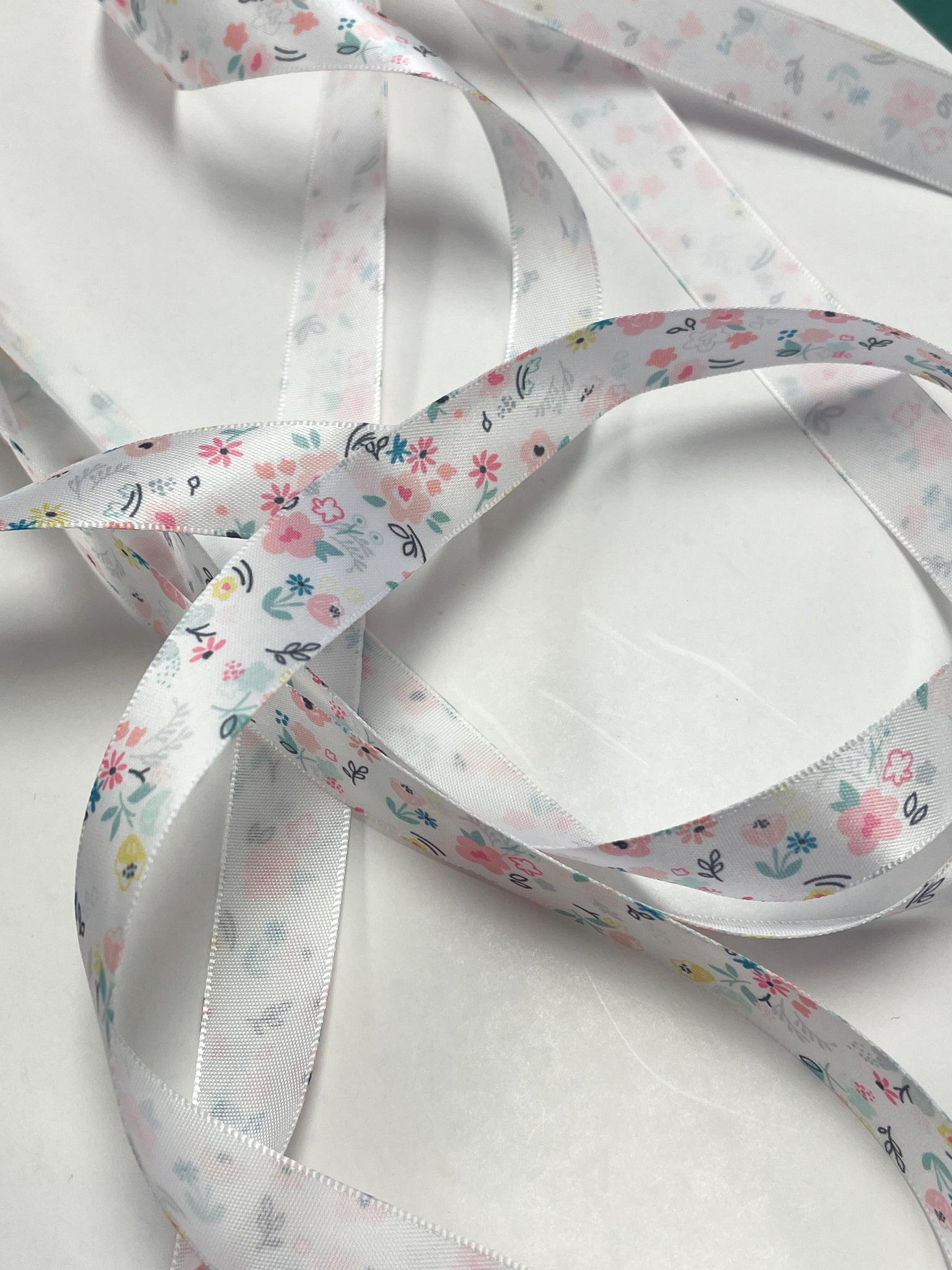 3 YD Polyester Printed Satin Ribbon - White with Pastel Flowers
