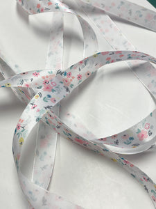 SALE 3 YD Polyester Printed Satin Ribbon - White with Pastel Flowers
