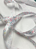 SALE 3 YD Polyester Printed Satin Ribbon - White with Pastel Flowers