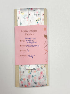 SALE 3 YD Polyester Printed Satin Ribbon - White with Pastel Flowers