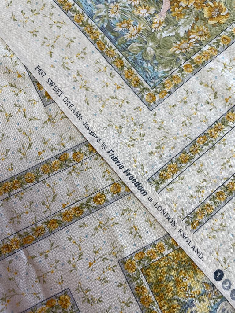 1 YD Quilting Cotton -  Off White with Cherubs and Yellow Flowers