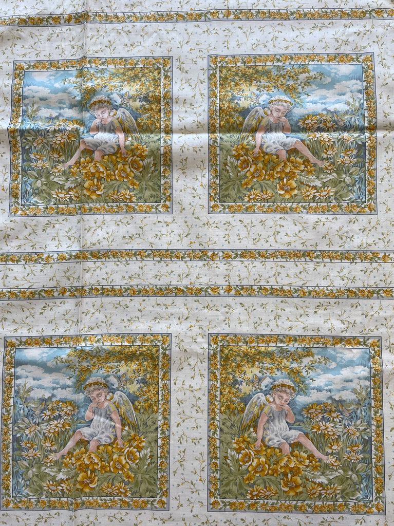 1 YD Quilting Cotton -  Off White with Cherubs and Yellow Flowers
