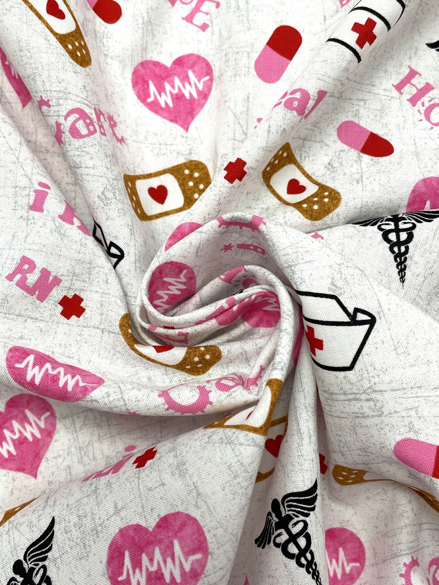 Quilting Cotton - White with Red and Pink Nurse Items and Black Caducei