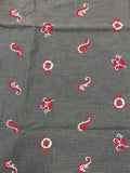 3 YD Cotton Chambray Embroidered Vintage - Gray with Red and White Sea Horses and Life Savers