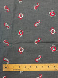 3 YD Cotton Chambray Embroidered Vintage - Gray with Red and White Sea Horses and Life Savers