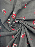 3 YD Cotton Chambray Embroidered Vintage - Gray with Red and White Sea Horses and Life Savers