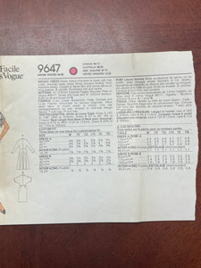 1986 Vogue 9647 Sewing Pattern - Dress FACTORY FOLDED