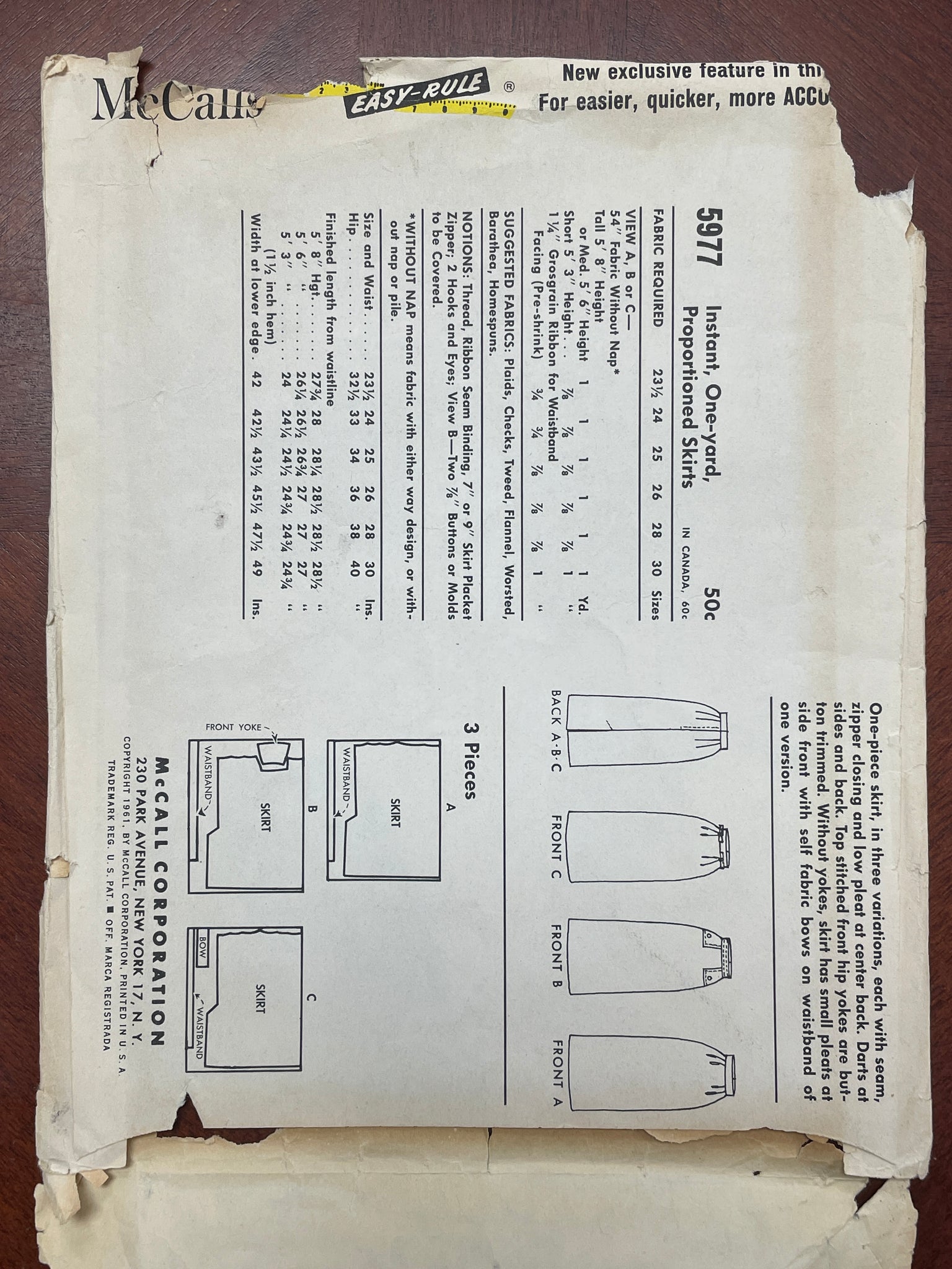 SALE 1961 McCall's 5977 Sewing Pattern - Skirts FACTORY FOLDED