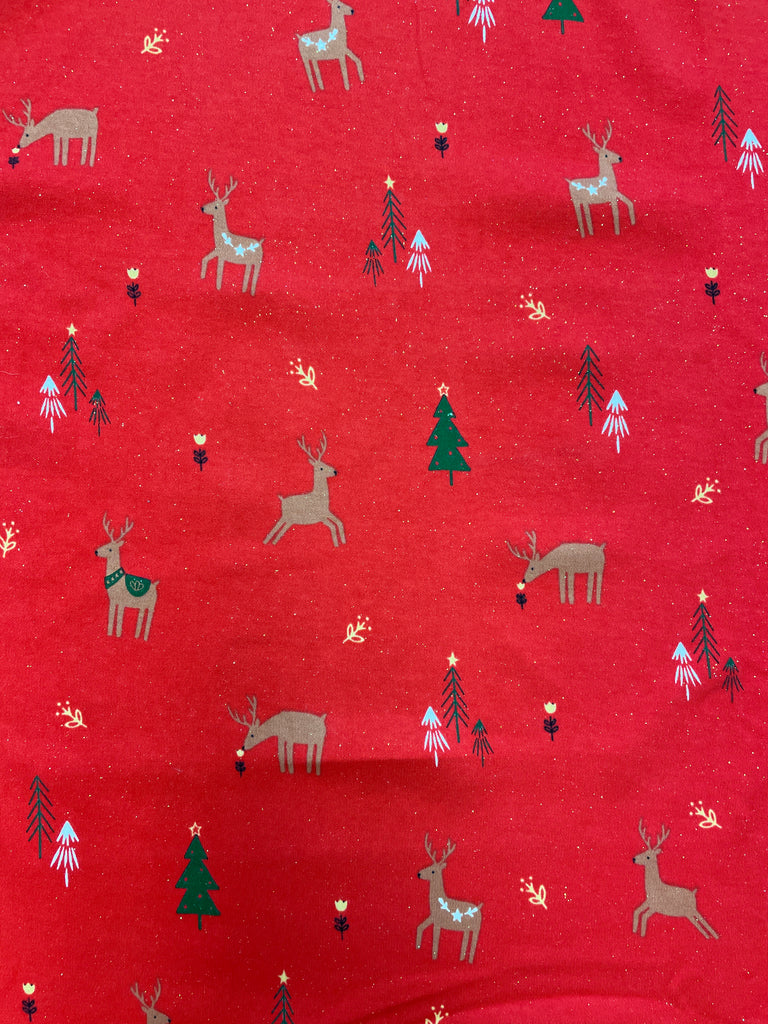 Remnant Cotton/Spandex - Red with Reindeer, Christmas Trees and Flowers