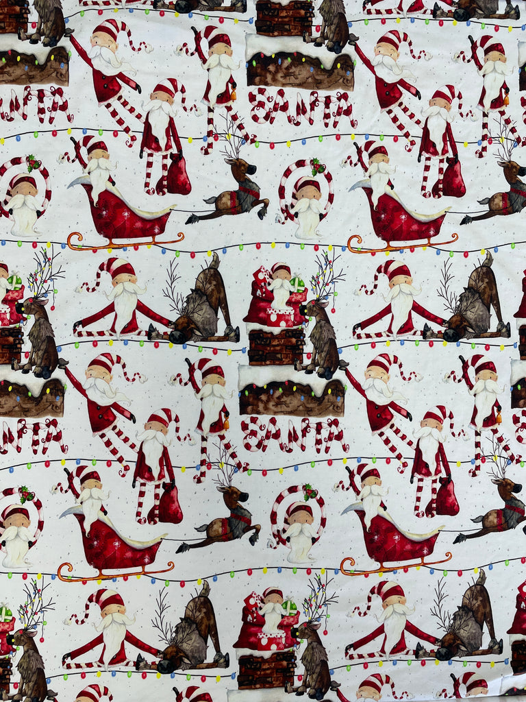 3/4 YD Cotton/Spandex Remnant - White with Whimsical Santas & Reindeer