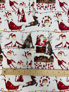 3/4 YD Cotton/Spandex Remnant - White with Whimsical Santas & Reindeer