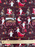 3/4 YD Cotton/Spandex Remnant - Maroon with Whimsical Santas & Reindeer
