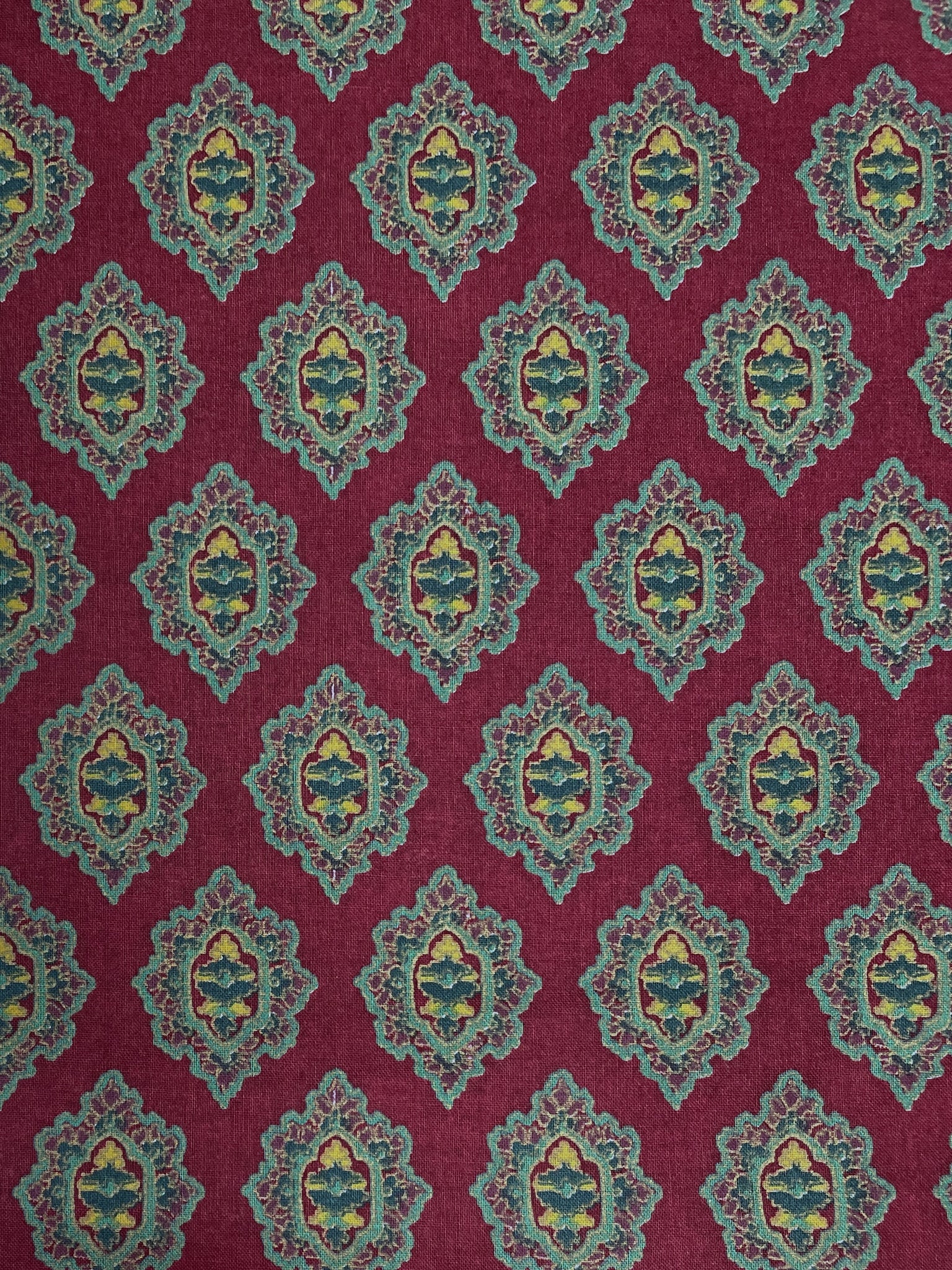 4 1/3 YD Cotton Vintage - Dark Red with Green Medallions