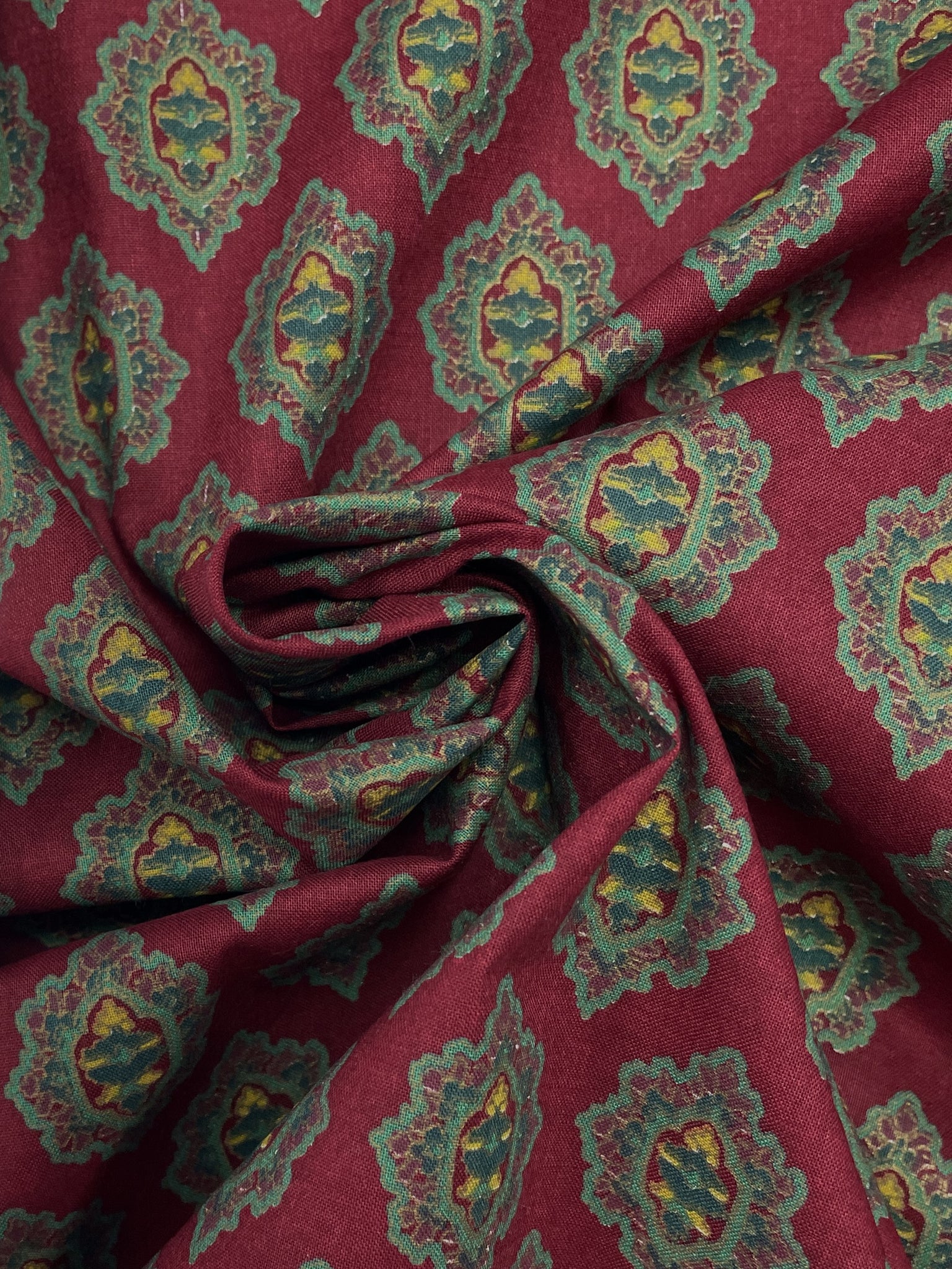 4 1/3 YD Cotton Vintage - Dark Red with Green Medallions