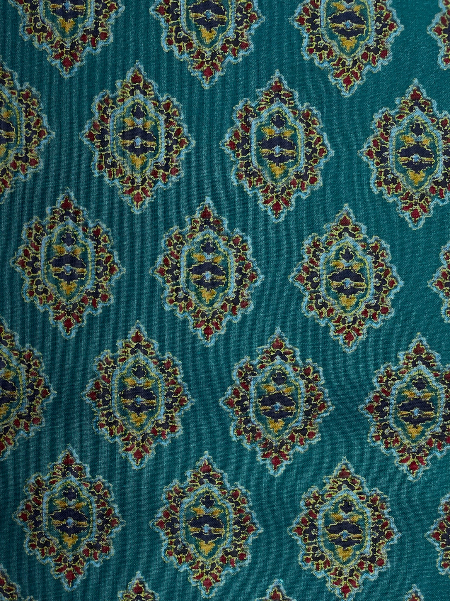2 1/2 YD Cotton Vintage - Teal Green with Dark Red and Blue Medallions