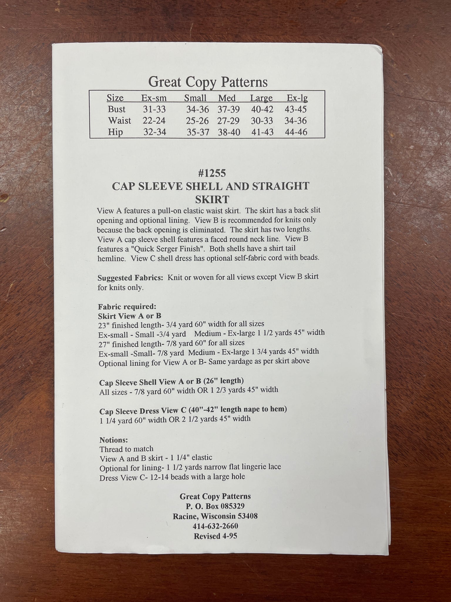 1980s Great Copy Patterns 1255 Pattern - Straight Skirt and Shell FACTORY FOLDED