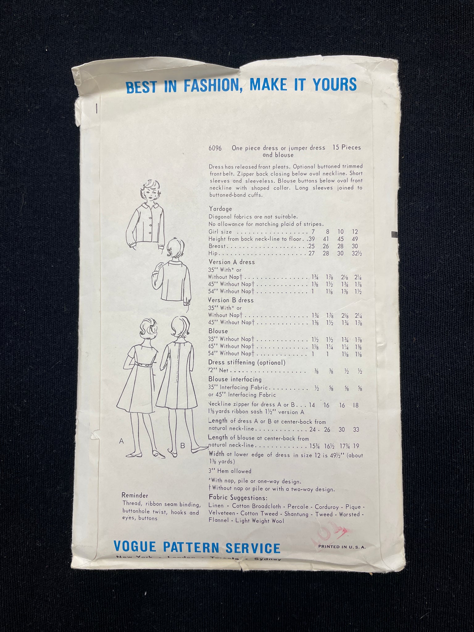 1960's Vogue 6096 Sewing Pattern - Child's Dress and Blouse
