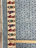 2 7/8 YD Quilting Cotton Vintage - Mottled Blue with Pink Flowers and Border of Girls in Dresses