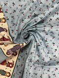 2 7/8 YD Quilting Cotton Vintage - Mottled Blue with Pink Flowers and Border of Girls in Dresses