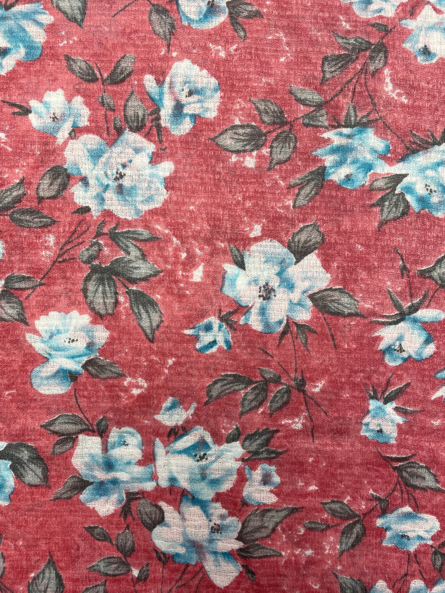 1 2/3 YD Synthetic Knit Vintage - "Faded" Red with Blue and White Flowers