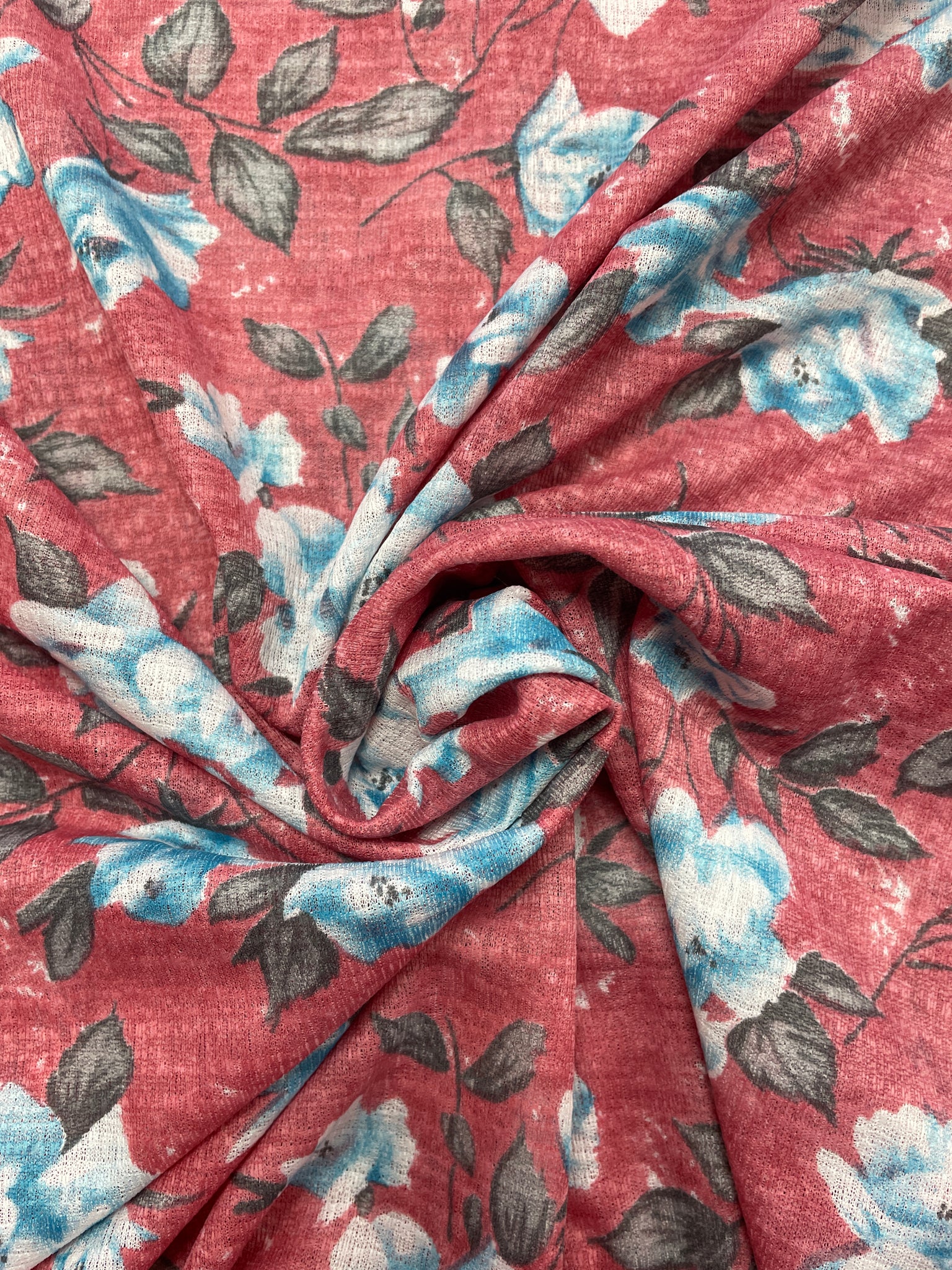 1 2/3 YD Synthetic Knit Vintage - "Faded" Red with Blue and White Flowers