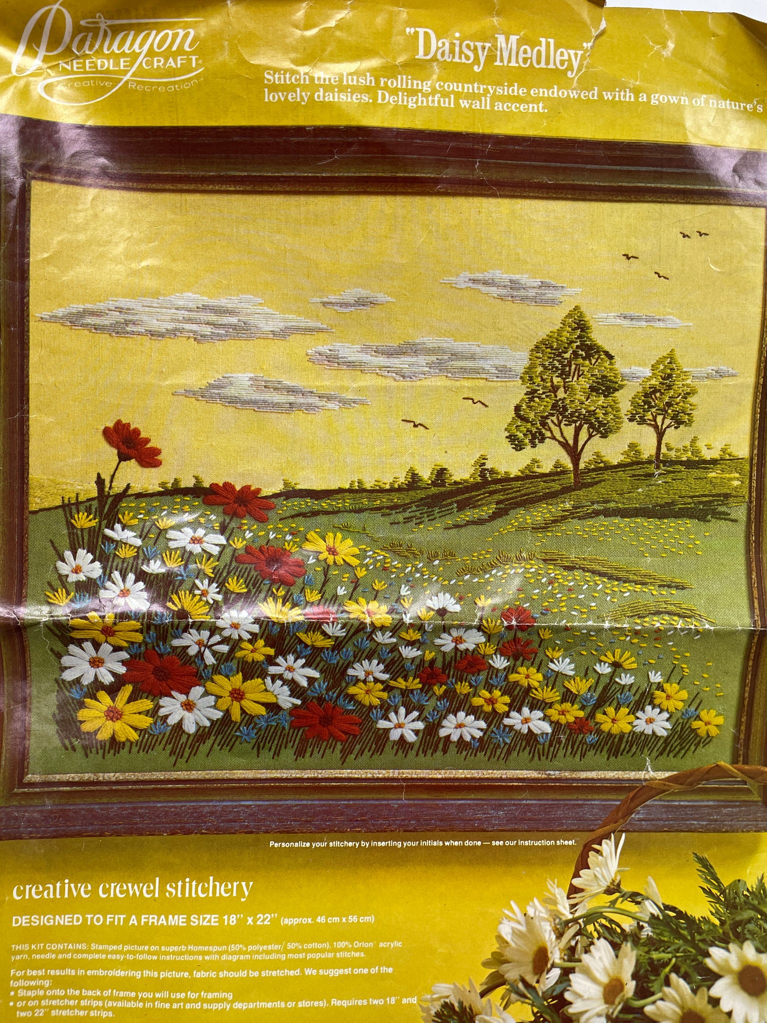 1977 Crewel Embroidery UFO Kit Vintage - "Daisy Medley" on Green and Yellow