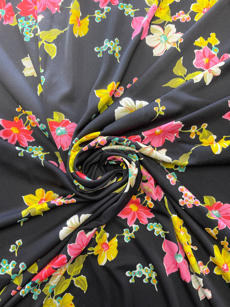 2 YD Polyester Knit - Black with Pink, Yellow and Aqua Flowers