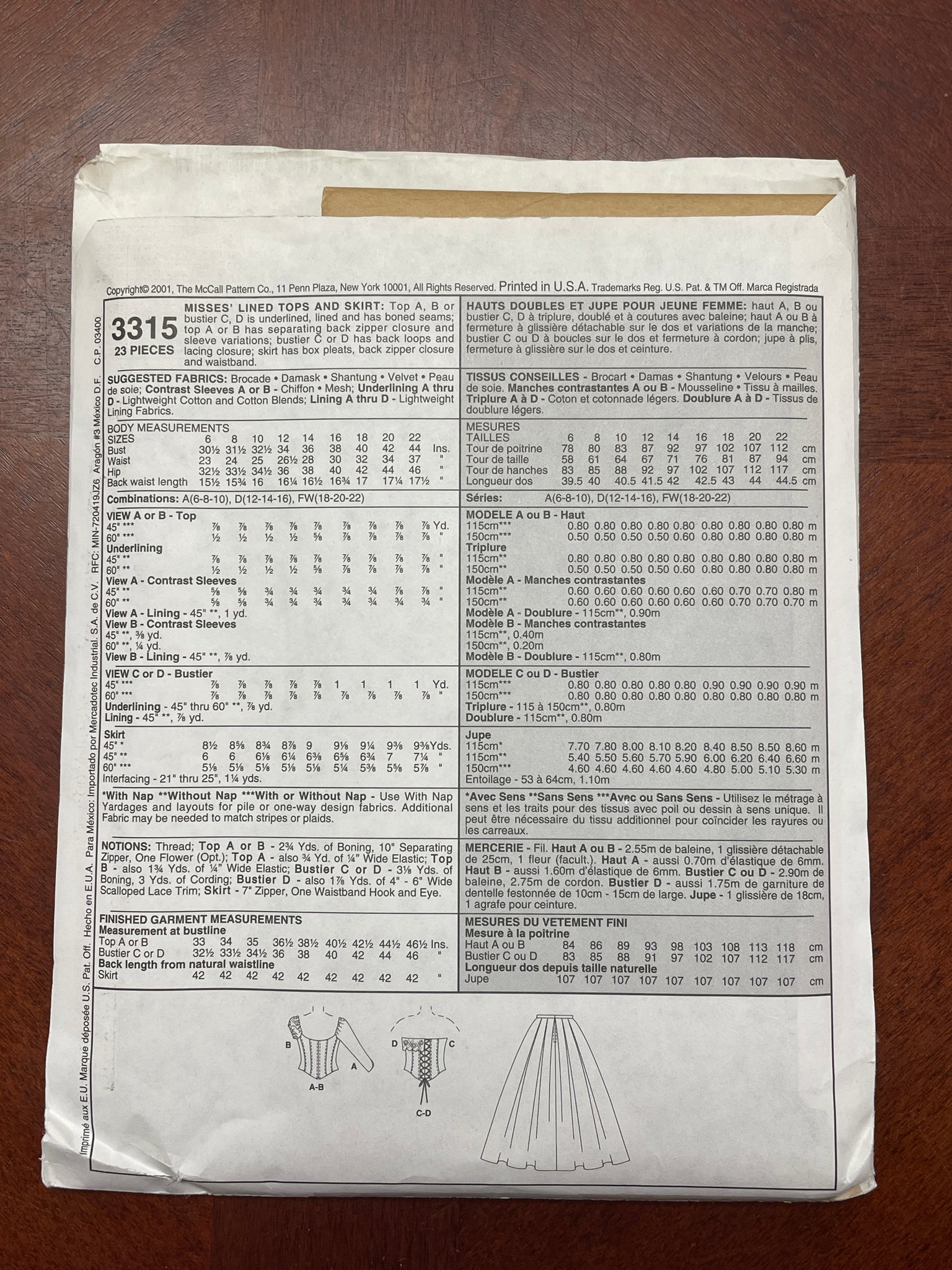 2001 McCall's 3315 Pattern - Bodices and Skirts FACTORY FOLDED