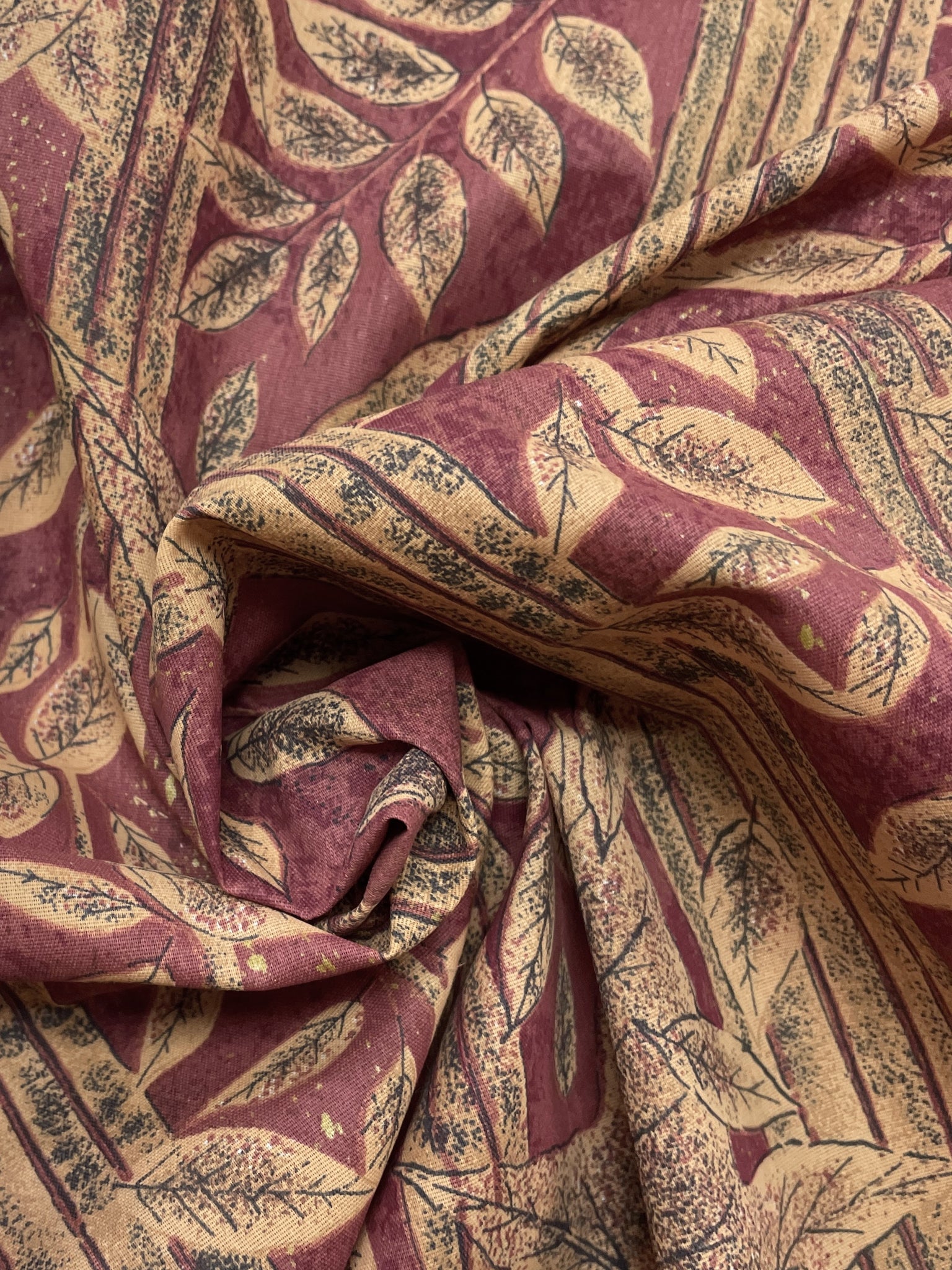 4 YD Poly/Cotton Vintage - Stripes and Leaves in Muted Orange on Maroon Background