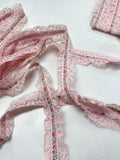 Polyester Ruffled Lace on Ribbon with Pink Flowers Vintage