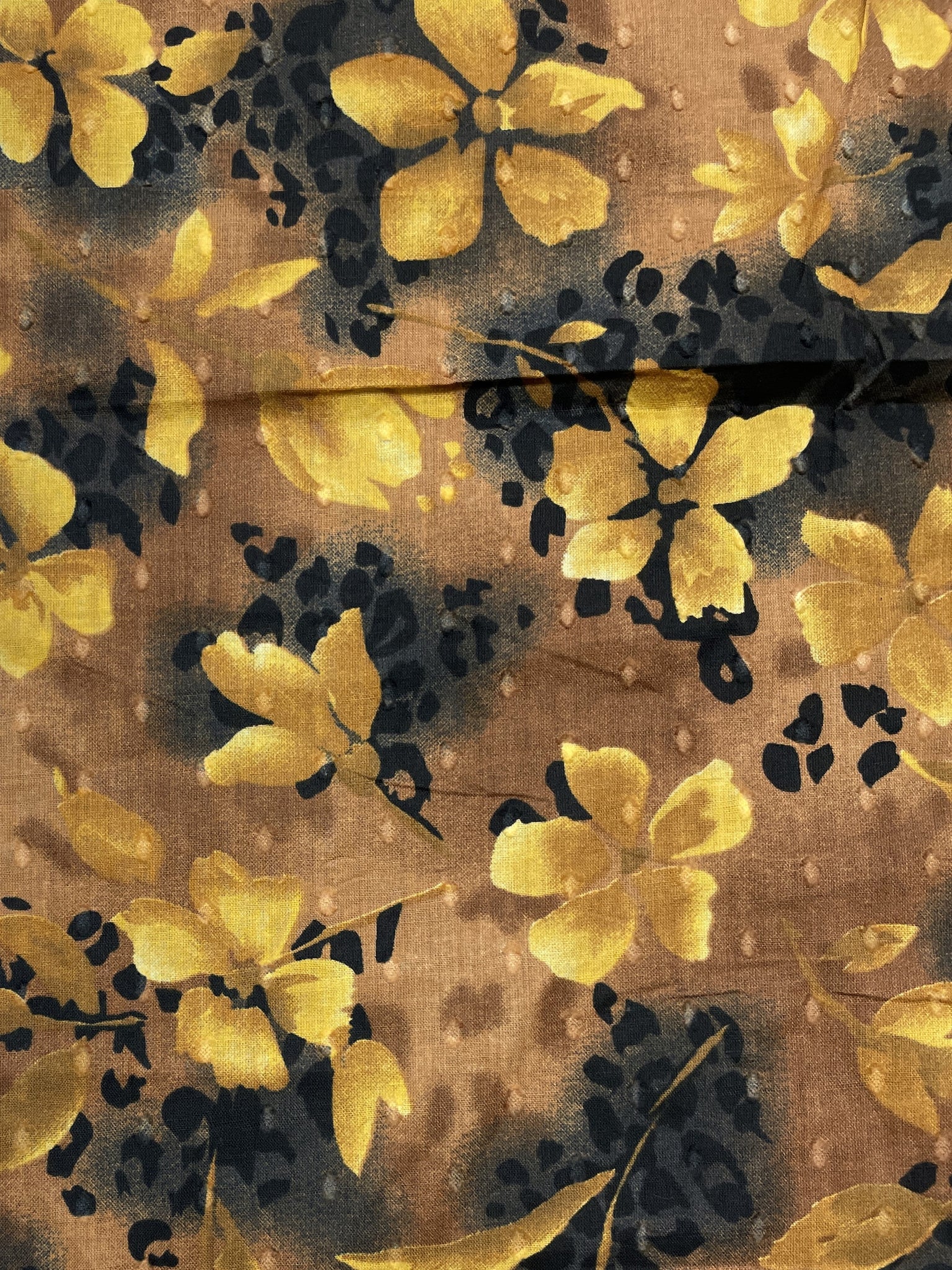 1 YD Cotton Dotted Swiss Vintage - Tan, Golden Yellow and Black Floral Print